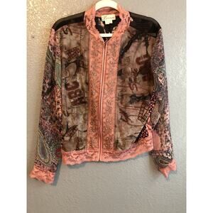 Dressbarn Womens Zip Up Blouse Large Sheer Lightweight Floral Shirt Beaded Lace